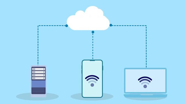 Flat vector illustration of a cloud connected to server, smartphone, and laptop with wifi icons, representing wireless cloud data network and system synchronization on a blue background.
