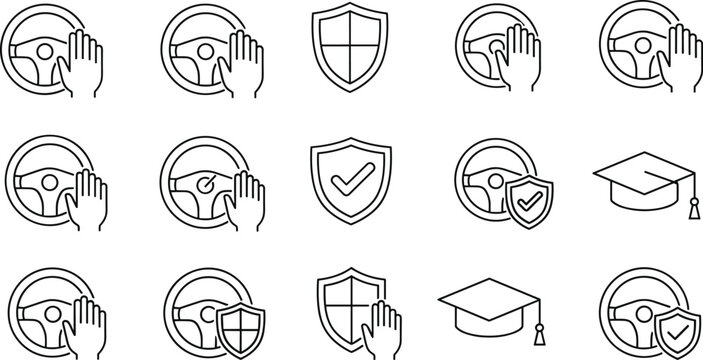 Driving safety and education icon set with black-and-white line illustrations of steering wheels, shields, graduation caps, and hands.