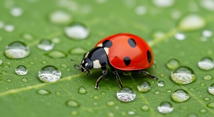 Fototapeta premium Macro shot of a ladybug on a green leaf covered in dew drops, showcasing intricate details
