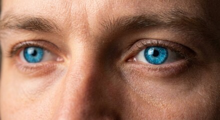 Naklejka premium Pair of intense bright blue eyes of a man looking at the camera in an extreme close-up view showing detailed iris, skin texture, and wrinkles