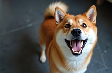 Shiba Inu dog looks at camera with open mouth, showing tongue and teeth. This happy pet has brown and white fur. The dog stands on a gray floor indoors.