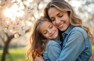 Fototapeta premium Mom hugs daughter tightly under blooming cherry tree. Happy family enjoys warm spring day outside in green park. Childrens joy and motherhood love are evident.