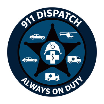 911 dispatch emergency services badge with vehicles and medical symbols
