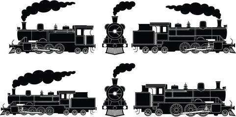 Steam locomotive silhouette icon set, black flat vector vintage trains in side and front views with smoke for railway, transport and industrial design projects © Babulur 