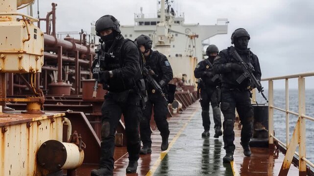 Special forces team boarding industrial cargo ship at sea. Tactical unit moving along deck with rifles during maritime security operation. Panning camera shot.