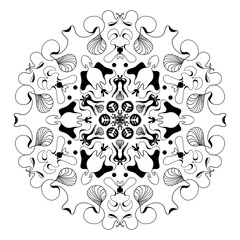 Mandala sim&eacute;trica com p&eacute;talas m&uacute;ltiplas, loops internos e linhas org&acirc;nicas em preto e branco, &oacute;tima para colorir e padr&otilde;es gr&aacute;ficos profissionais