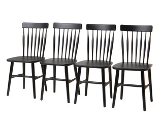 Fototapeta premium Four elegant black chairs displayed against a clean background, ideal for interior design or home decor. They are perfectly aligned. Isolated Transparent Background, PNG