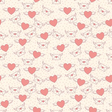 seamless pastel pattern with hearts, wings and love letters for valentines day, small scale