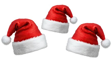 A trio of vibrant red Santa hats with white trim and pom-poms
