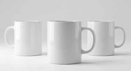 Obraz premium Three white ceramic cups with handles on a plain surface