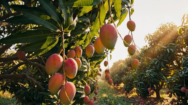 Mango Orchard - A Vibrant Display of Ripe Mangoes Hanging from Trees.