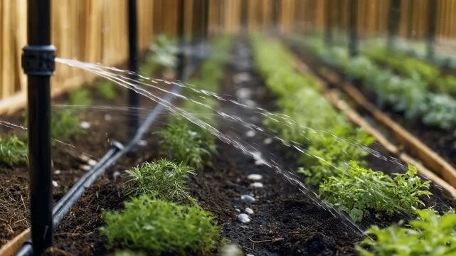 Closeup medium shot of watering drip irrigation system gently hydrating rows of vibrant herb plots in an ecofriendly campus teaching garden.