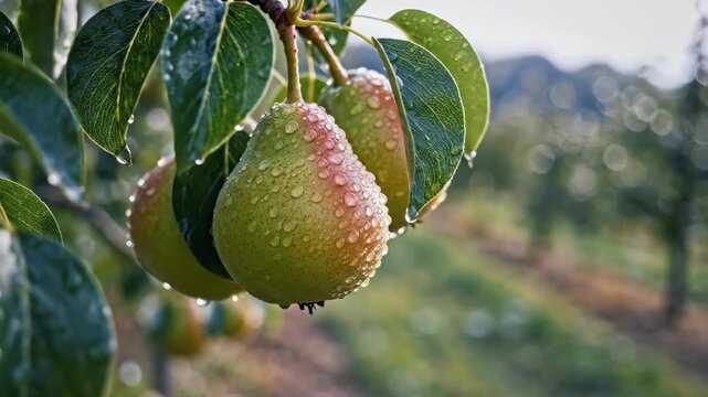 Fresh pears hanging on a tree branch with water drops.