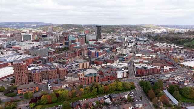 Aerial view of modern buildings and apartments in Sheffield, UK