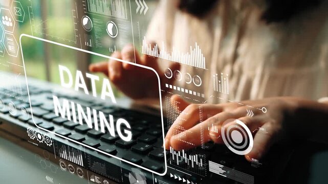 Hands Typing on Keyboard with Data Mining Graphics and Technological Interface Elements in the Background. Asymptotic smart data analytic.