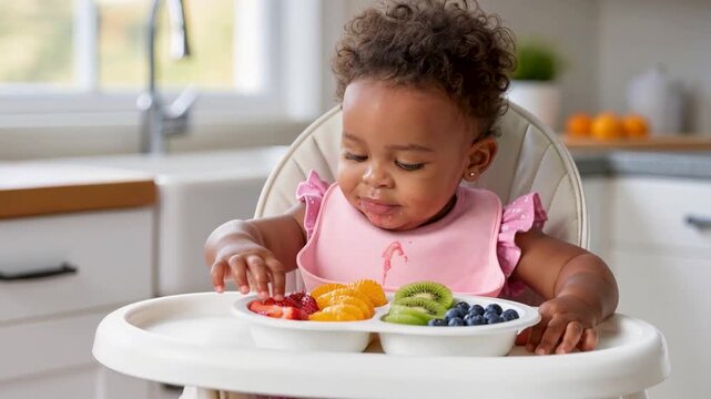 A happy African American baby girl in a pink ruffled romper and bib messily eats fresh strawberries kiwi and blueberries in a bright kitchen