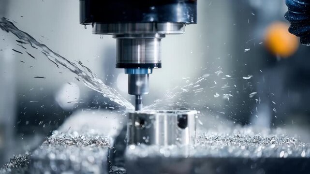 Focused medium frame on the multiaxis milling machine shaping PMMA crowns spotlighting the dynamic movement of the milling tools while the rest of the milling room fades out of
