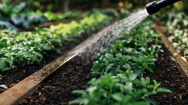 Closeup medium shot of watering drip irrigation system gently hydrating rows of vibrant herb plots in an ecofriendly campus teaching garden.