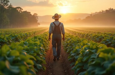 Fototapeta premium Man in straw hat walks through farm field at sunrise. Rows of green plants stretch to horizon with mist and sun glow. Farmer works on land preparing for harvest.