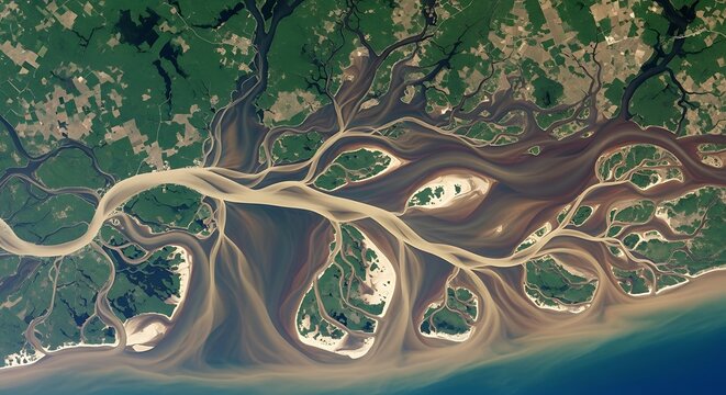 Aerial View of River Delta Landscape.