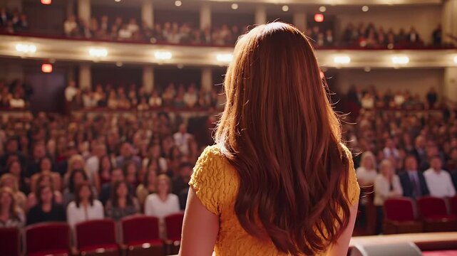 Female performer addresses large audience from stage.