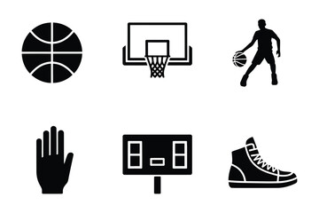 Obraz premium Basketball Icons: Ball, Hoop, Player, Hand, Scoreboard, Sneaker