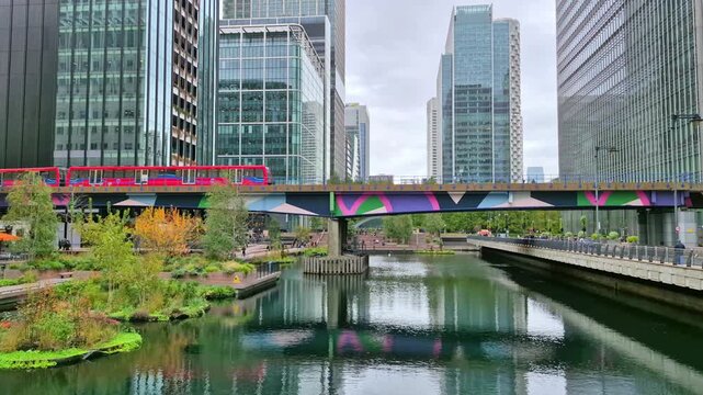 Panoramic view of Canary Wharf, business and financial area at grey raining day