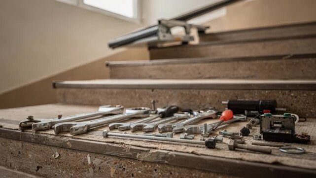 Closeup of tools and hardware on steps during maintenance of motorized chairlift with blurred stairwell and updated installation in soft backdrop.