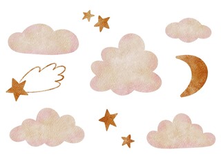 Watercolor clouds stars moon illustration on white background © quietmind_art