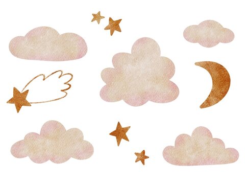Watercolor clouds stars moon illustration on white background