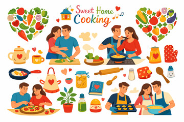 Fototapeta premium Home cooking flat icon set. featuring couples cooking, vegetables, kitchenware, and food preparation