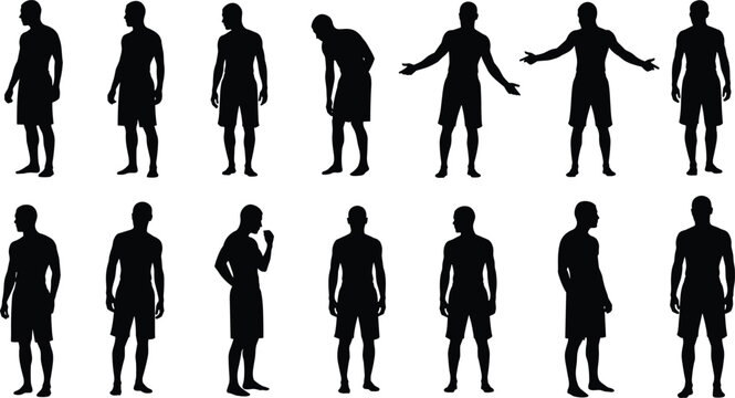 Set of black male silhouette vector illustrations featuring young men in shorts standing in various casual poses and athletic stances
