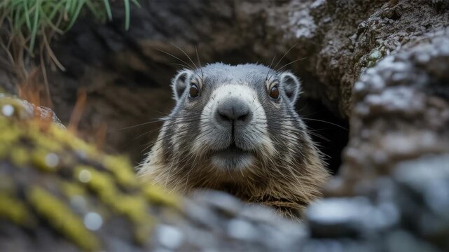 Marmot close up watching from burrow with alert curious expression