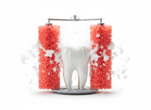 Automated dental cleaning concept 3d render. A white tooth washed by orange car wash brushes with foam on white background. Perfect for dentist marketing, hygiene ads and medical design