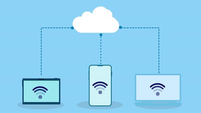 Flat vector illustration of a cloud connected to laptop and tablet with wifi icons, representing wireless data synchronization and cloud file sharing on a blue background.
