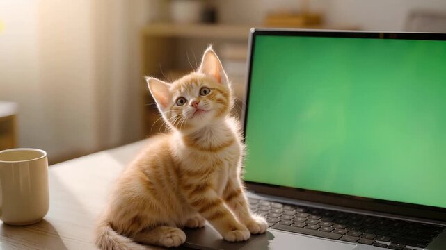 Cute kitten meowing on laptop with green screen in cozy home interior. Online shopping and digital advertising mockup for pet products. Concept of ecommerce, pet supplies promotion, and green screen v