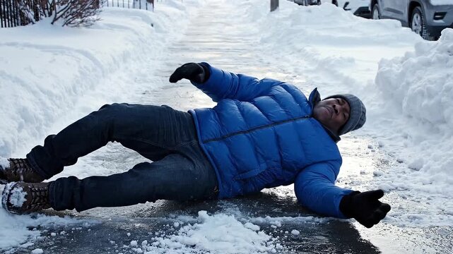Man slipping on icy sidewalk in winter snow while wearing blue jacket  