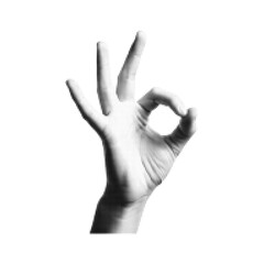 Monochrome halftone style close up of human hand making okay gesture raised with transparent background artistic design