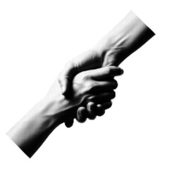 Black and white halftone pattern showing two hands clasped tightly in solidarity and support with transparent background styled in dot shading technique