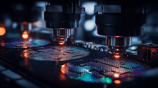 Semiconductor fabrication equipment scanning silicon wafers symbolizing advanced chip manufacturing and quality control.

