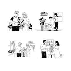 Young couple caring for plants at home Vector Illustration on white background