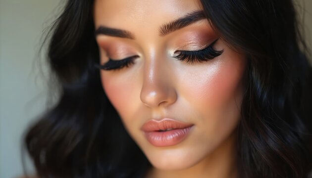 Woman with long wavy dark hair has full glam makeup with winged eyeliner and false lashes. Her eyes closed, lips glossed, skin smooth, cheeks flushed pink with blush.