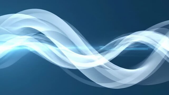 A sophisticated, clean, futuristic abstract animation with smooth, transparent, overlapping curved shapes and elegant lines in a subtle blue and white palette, moving fluidly across a wide video,