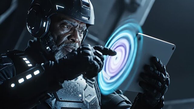Futuristic Soldier Uses Holographic Target On Tablet.