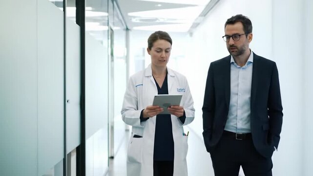 Cinematic tracking video of two professionals, one in crisp white lab coat & one in sleek business attire, conversing, referencing tablet in bright, minimalist corridor. High-key lighting, shallow