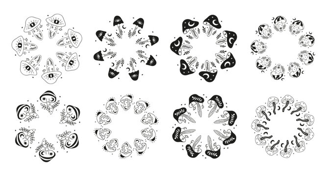 Set of cute round frames with hand drawn magic esoteric mushrooms isolated on white background. Mystic Boho circle compositions.