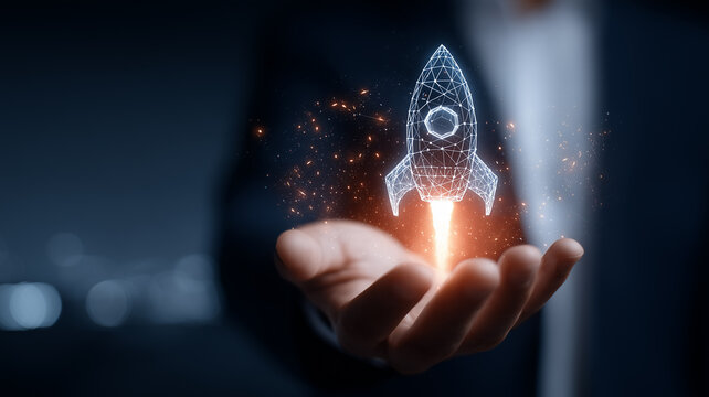 Hand launching a holographic rocket, symbolizing startup growth, innovation and technology investment.
