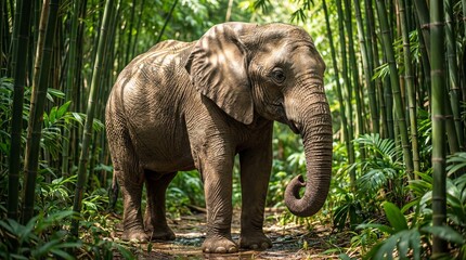 Fototapeta premium Asian elephant standing on wet path in lush bamboo forest. Majestic wildlife in tropical Thai habitat. Symbol of national Thai elephant day and conservation. Natural beauty of Chiang Mai region flora