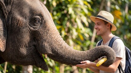 Obraz premium Man smiling while feeding banana to elephant with trunk in lush forest. Tourist interacting with Asian elephant. National Thai Elephant Day concept in Thailand wildlife conservation and animal