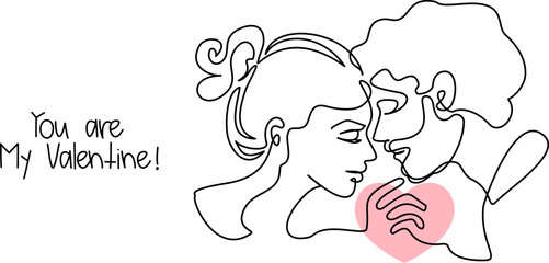 Loving couple. Happy Valentine's day card. Continuous one line drawing of man and woman.